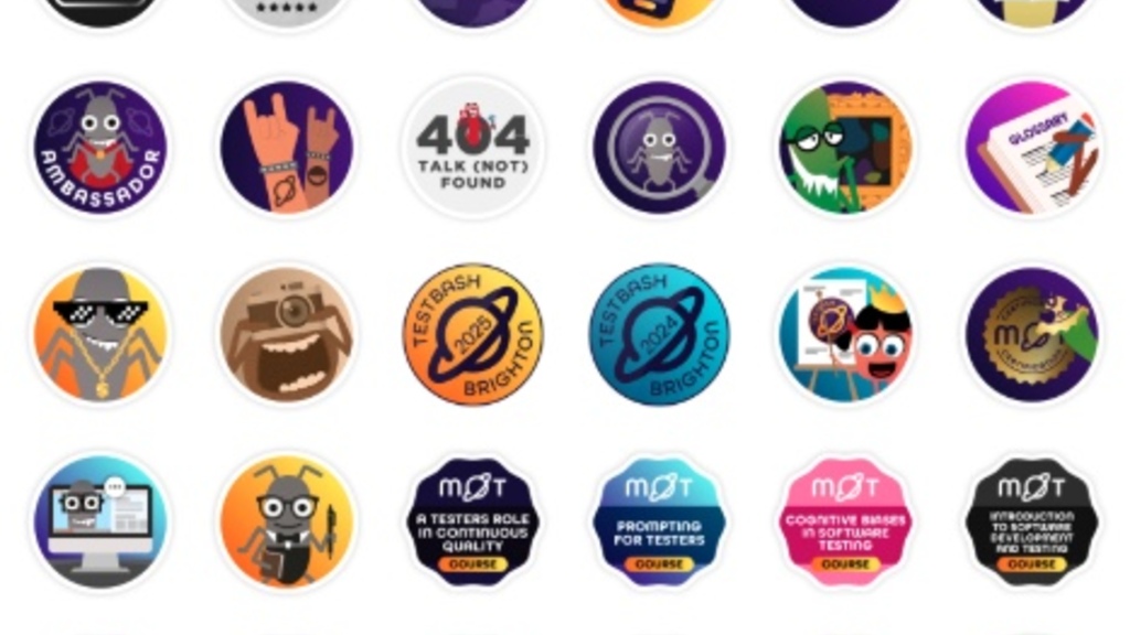 Achievements section of a Ministry of Testing profile, showing 757 community stars and 52 colourful badges image