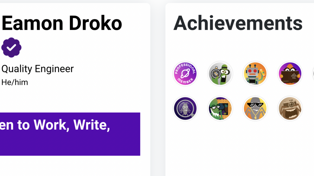 A screenshot of Eamon Droko's profile, showing his many badges and community stars