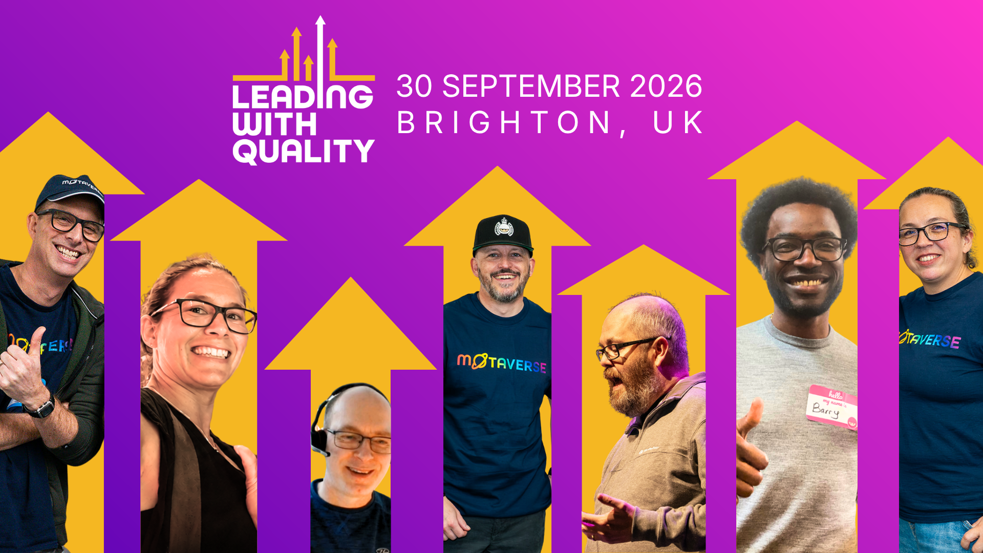 Event banner for "Leading with Quality" on 30 September 2026 in Brighton, UK. Against a vibrant purple background, a ... image