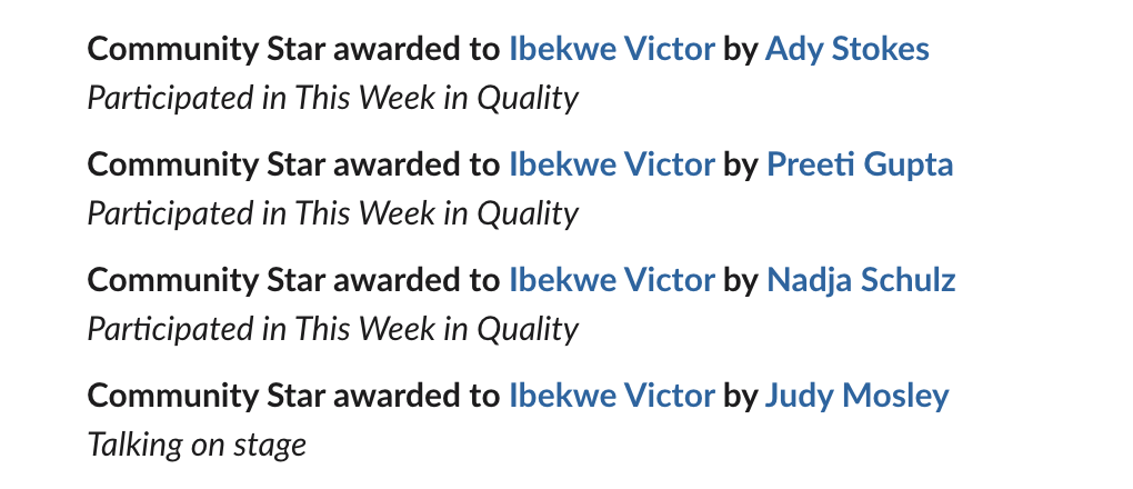 From a Slack channel, a list of four "Community Star" awards granted to Ibekwe Victor. The first three awards are fro... image