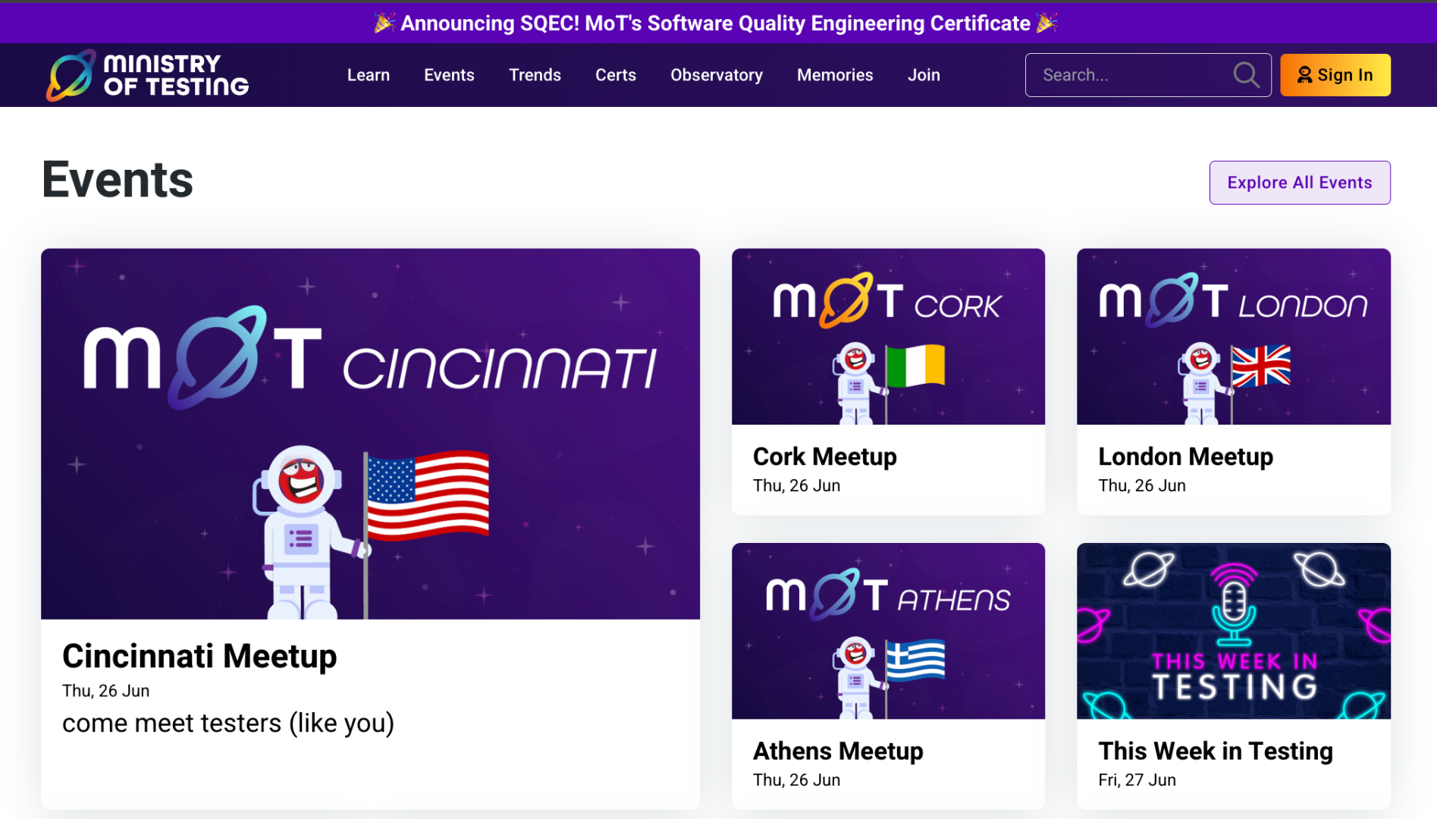 A screenshot of MoT Meetups happening from the MoT Events page