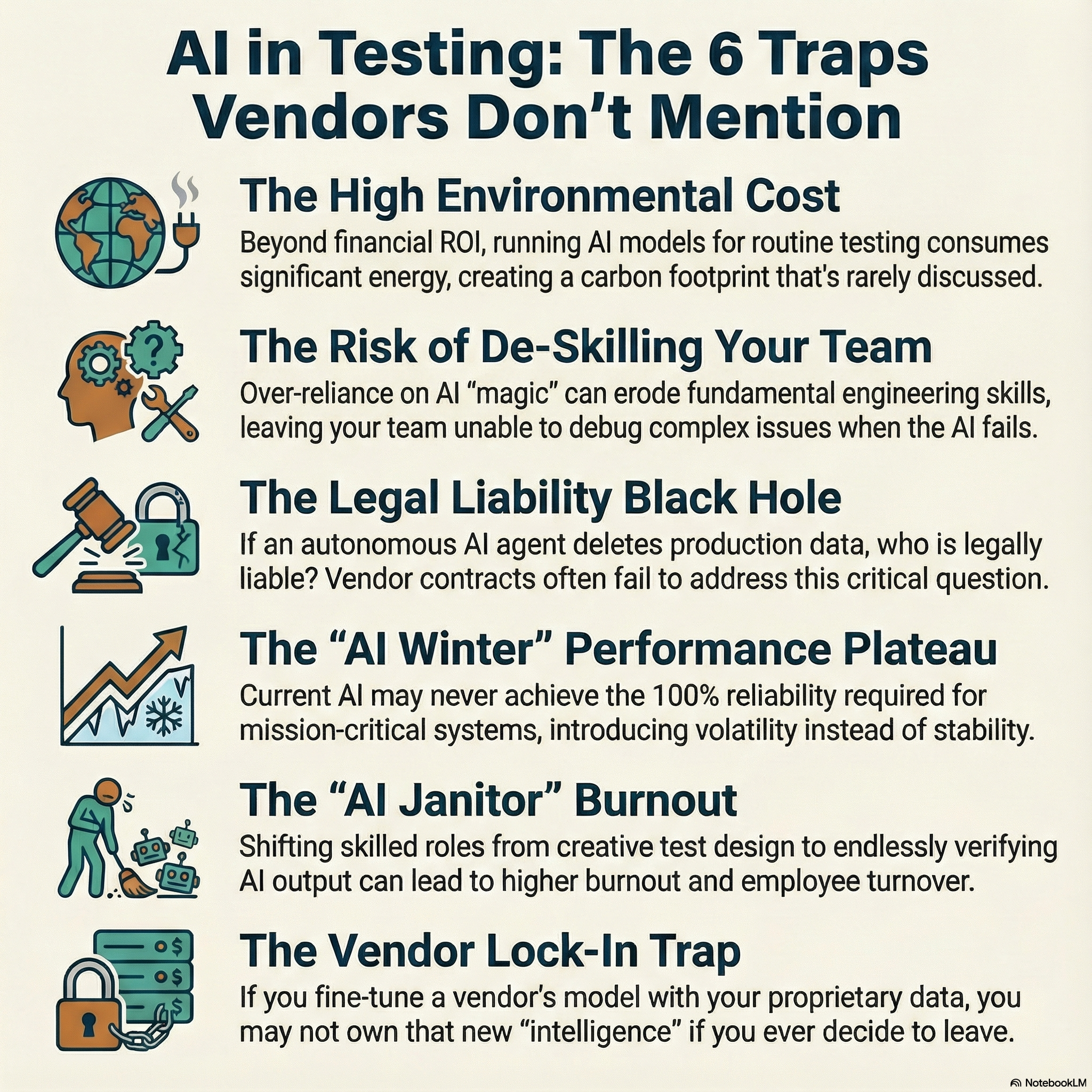 Infographic titled “AI in Testing: The 6 Traps Vendors Don’t Mention”. It lists six risks with icons: the high environmental cost of running AI models due to energy use and carbon footprint; the risk of de-skilling teams through over-reliance on AI; a legal liability black hole when autonomous AI causes damage; an “AI winter” performance plateau where reliability never reaches mission-critical levels; “AI janitor” burnout from repeatedly checking AI output instead of doing creative testing work; and vendor lock-in when fine-tuned models and data cannot be taken elsewhere.