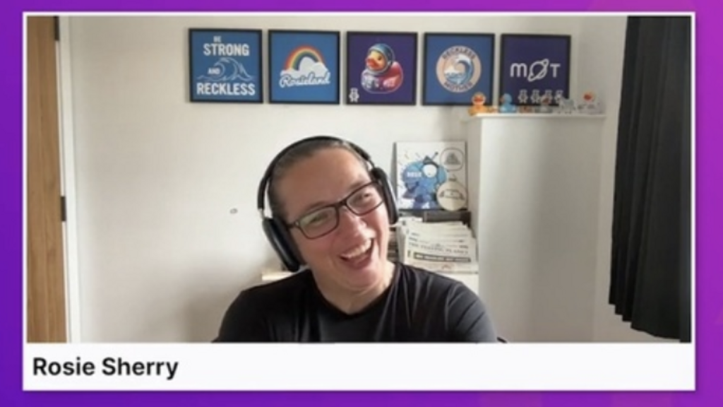 Screenshot of a video Leading With Quality conversation that shows Rosie Sherry laughing like a child.

Barry Ehigiator, Ash Coleman Hynie, Keith Klain, Nicola Sedgwick, Lisa Crispin, Callum Akehurst-Ryan, Susanne Abdelrahman, Kat Obring, Jenny Bramble, Matthew Whitaker, Rachel Kibler, Gary Hawkes, Deb Sherwood, Nigel Brookes-Thomas, Alessandra Moreira, Aiman B T Syed, Parveen Khan, Joanna Negler, Stuart Day, Anne-Marie Charrett, Jessica Bane, Annette Tran, Mark Dordel 🦄
