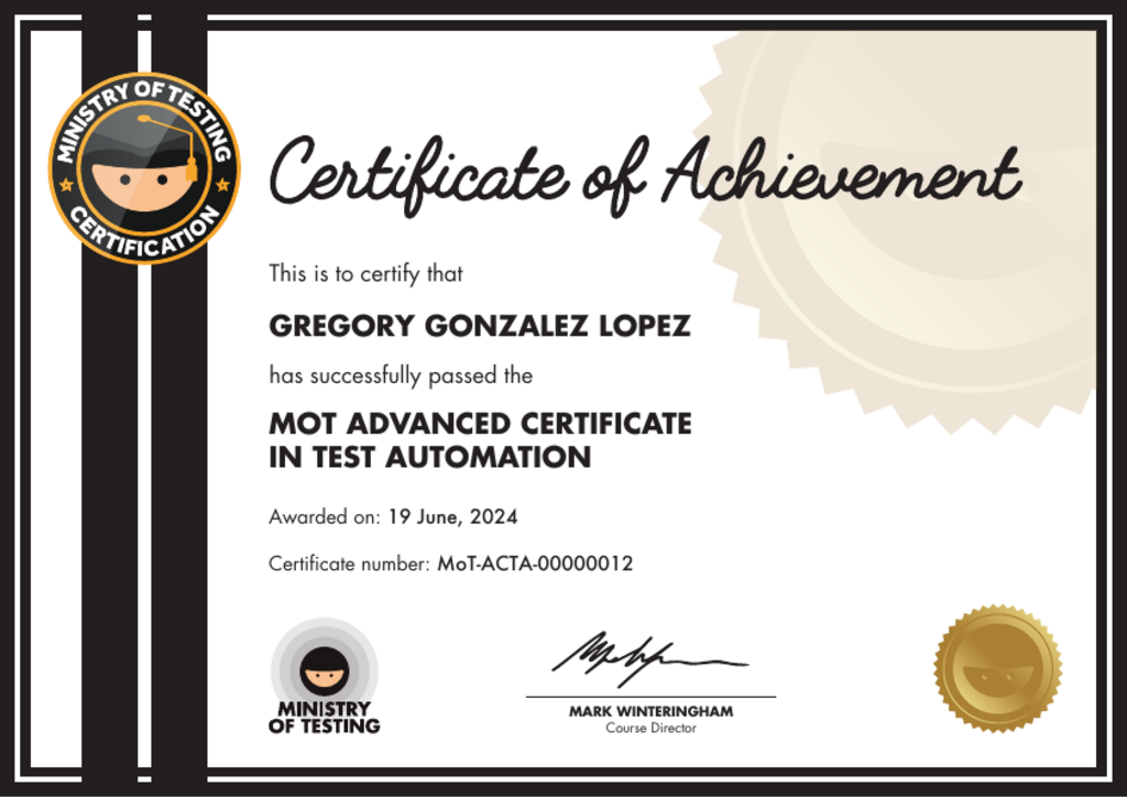 MoT Advanced Certificate in Test Automation certificate awarded to Gregory Gonzalez Lopez image