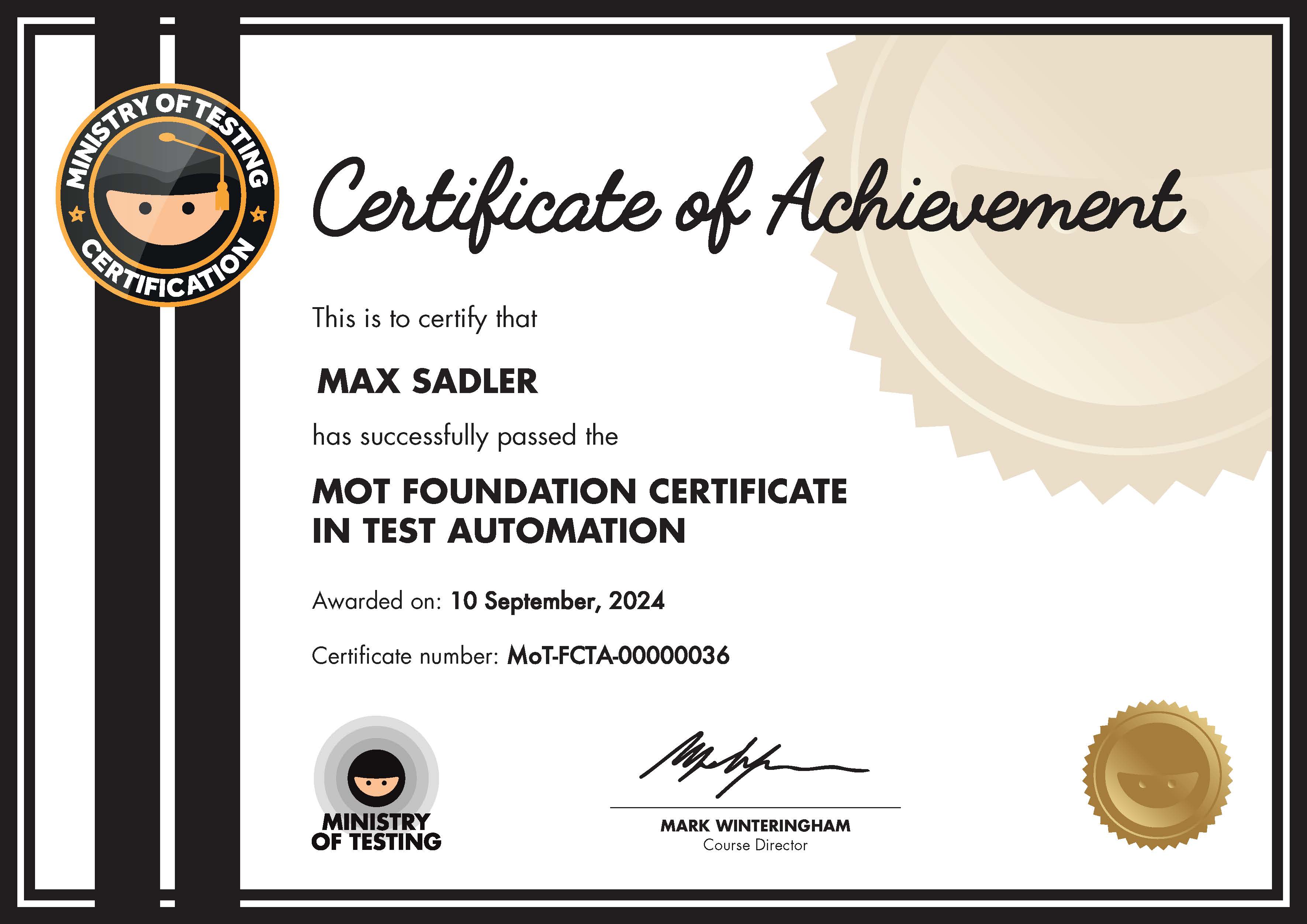 MoT Foundation Certificate in Test Automation certificate awarded to Max Sadler image