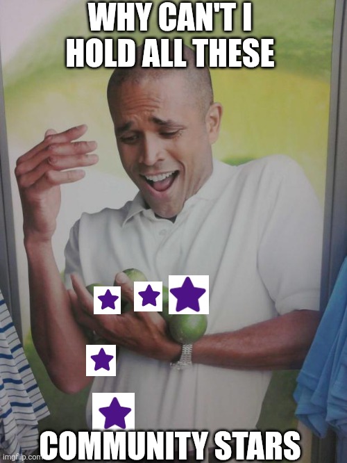 Black man struggling to hold limes in his hands.

Purple stars have been overlaid on the limes.