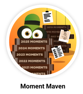 Green monster holds a stack of books, saying moments from different years from 2014 to 2025.  image