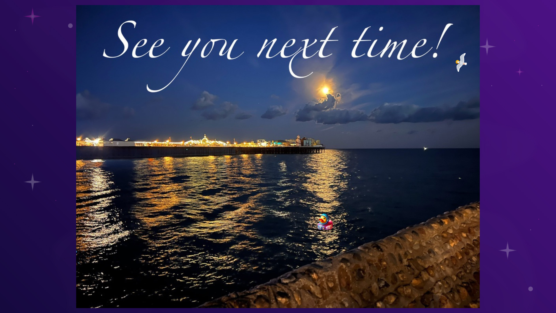 A dark photo taken at night shows a calm body of water with a pier extending into it on the left. The pier is brightly lit, creating a long reflection on the water's surface. A bright moon is visible in the sky above the pier. In the foreground, a low, rocky wall runs along the bottom of the frame. The words "See you next time!" are written in a large, elegant script in the upper-middle of the image. The photo is bordered by a dark purple frame with small, white stars scattered across it. A bug, a duck and a seagull have been hidden in the photo.