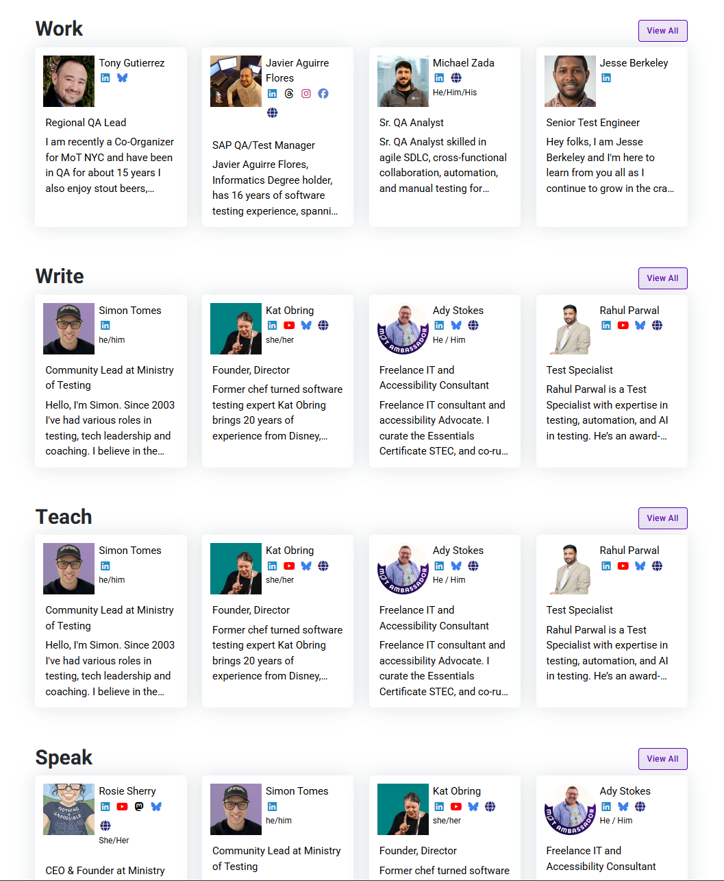 A visual showcase of community members from the Ministry of Testing platform, organized into categories based on their contributions—Work, Write, Teach, and Speak. Each category highlights professionals with brief bios and roles, showing how they engage with and support the testing community. The image emphasizes the diverse ways testers can participate and share their expertise, such as through leading, writing content, teaching, or public speaking.