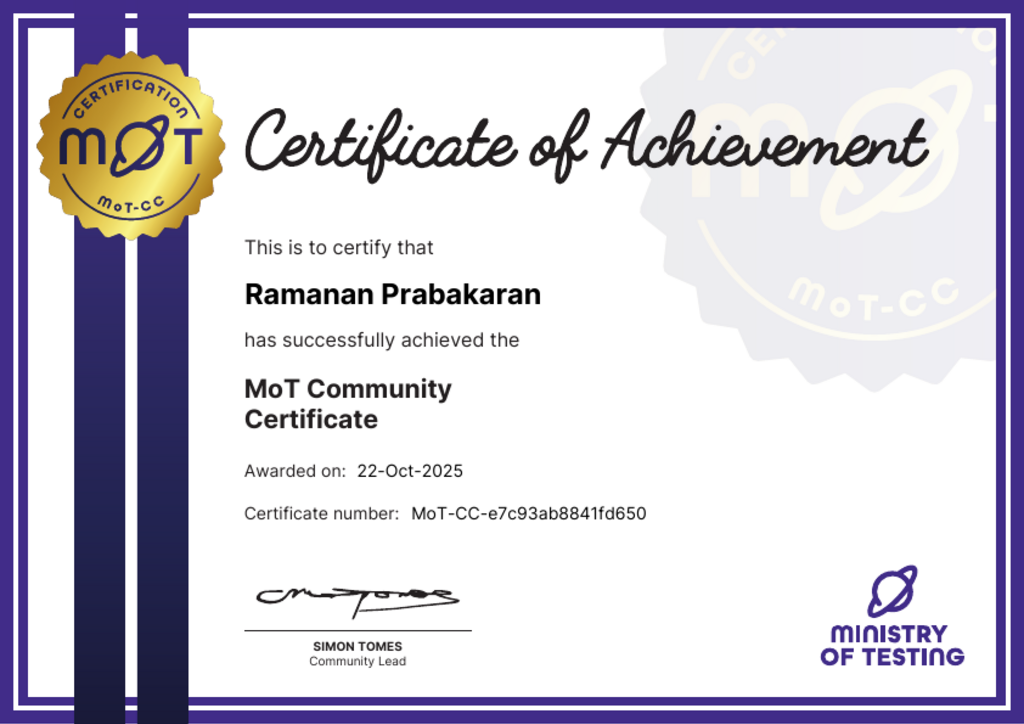 MoT Community Certificate image