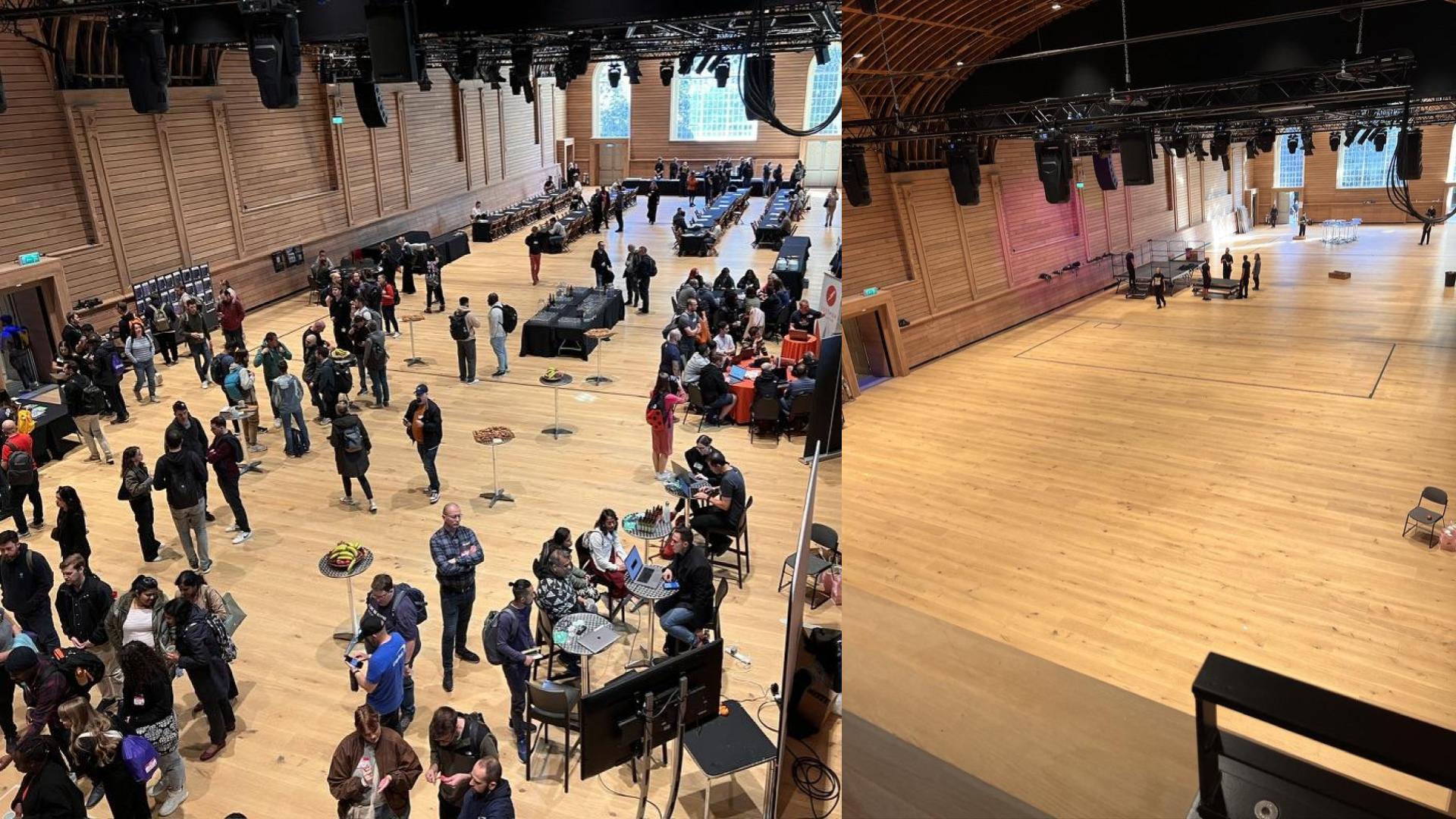 Two photos in one. On the left hand side is looking down on a wood-panelled event space. There are many people gathered around stands and rows of tables are in the background. Lots of conversations are happening. On the right hand side it's a similar shot yet the space has been completely cleared.  