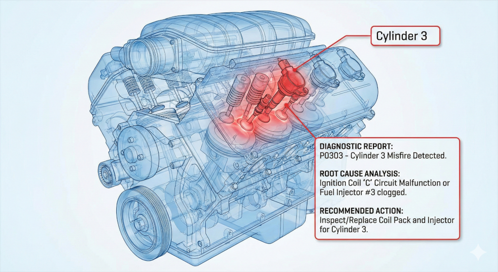 A transparent line image of a car's engine, most of which is shown in blue with the exception of problematic "cylinder 3" in red. The legend reads: "diagnostic report: P0303 - Cylinder 3 misfire detected", "root cause analysis: Ignition Coil 'C' circuit malfunction or fuel injector #3 clogged", and "recommended action: inspect or replace coil pack and injector for cylinder 3."