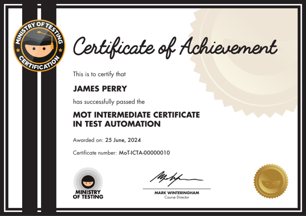 MoT Intermediate Certificate in Test Automation certificate awarded to james perry image