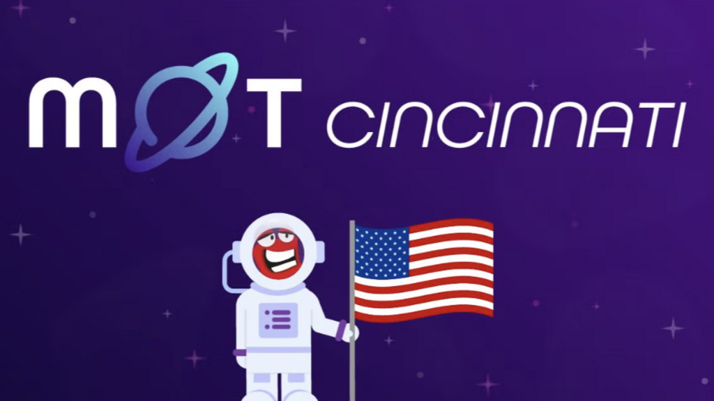 Graphic for Ministry of Testing Cincinnati meetup. The word ‘MoT’ is written in white with a blue planet forming the letter ‘o,’ followed by the word ‘Cincinnati’ in sleek white text. At the bottom, a smiling cartoon astronaut stands holding an American flag against a purple starry background.