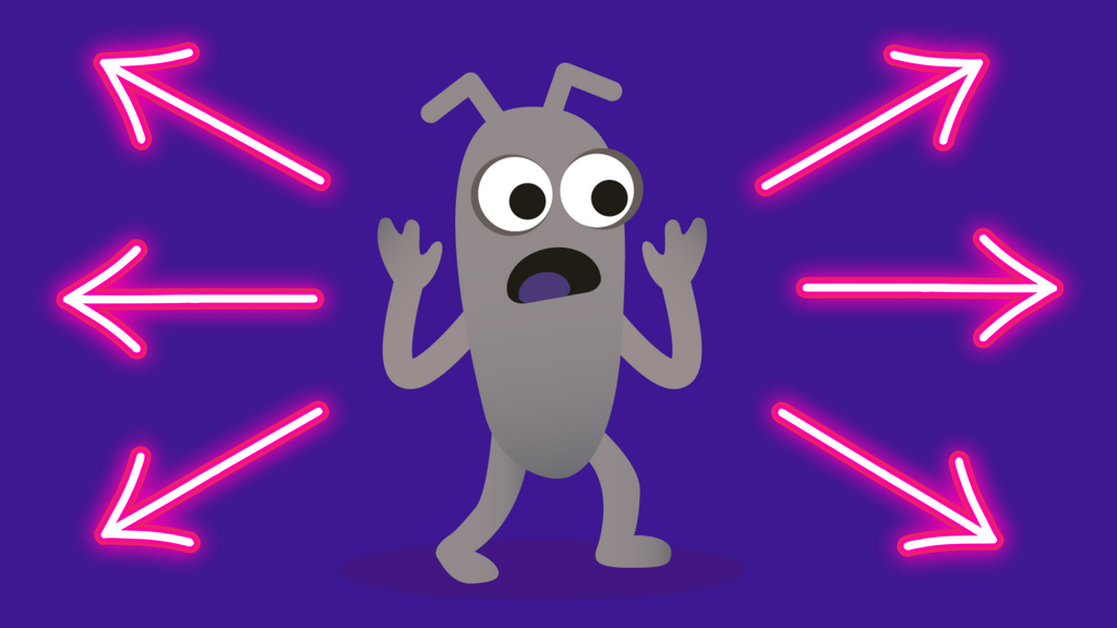 Bug looking shocked, with arrows pointing in all directions. image
