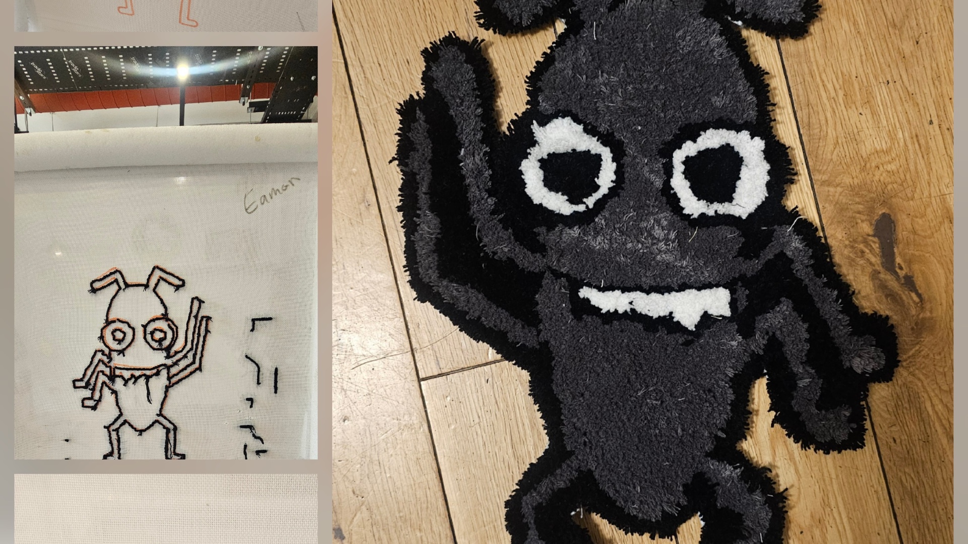  A split image showing the progression of a rug-making project. On the left, a close-up of a white fabric with an outlined design of a cartoonish, dark bug-like creature with large eyes and a jagged mouth, seemingly drawn in black marker, with the name "Eamon" written above it. On the right, the completed rug of the same dark, bug-like creature with white eyes and mouth, made of a textured, plush material, lying on a wooden floor.