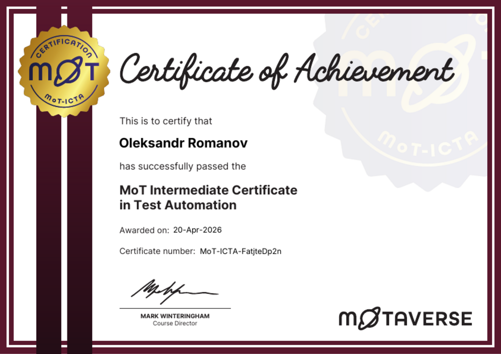MoT Intermediate Certificate in Test Automation certificate awarded to Oleksandr Romanov image