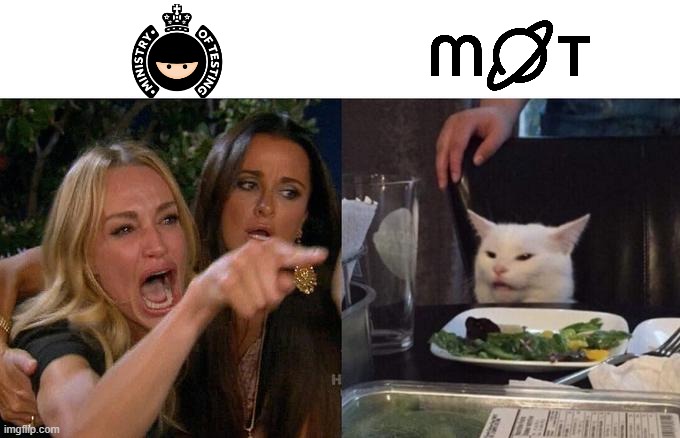 A popular meme featuring two panels. The left panel shows a woman yelling and pointing, with another woman appearing to console her, above is the old Ministry of Testing logo. The right panel shows a white cat sitting at a dining table, looking confused. Above, is the new Ministry of Testing logo.