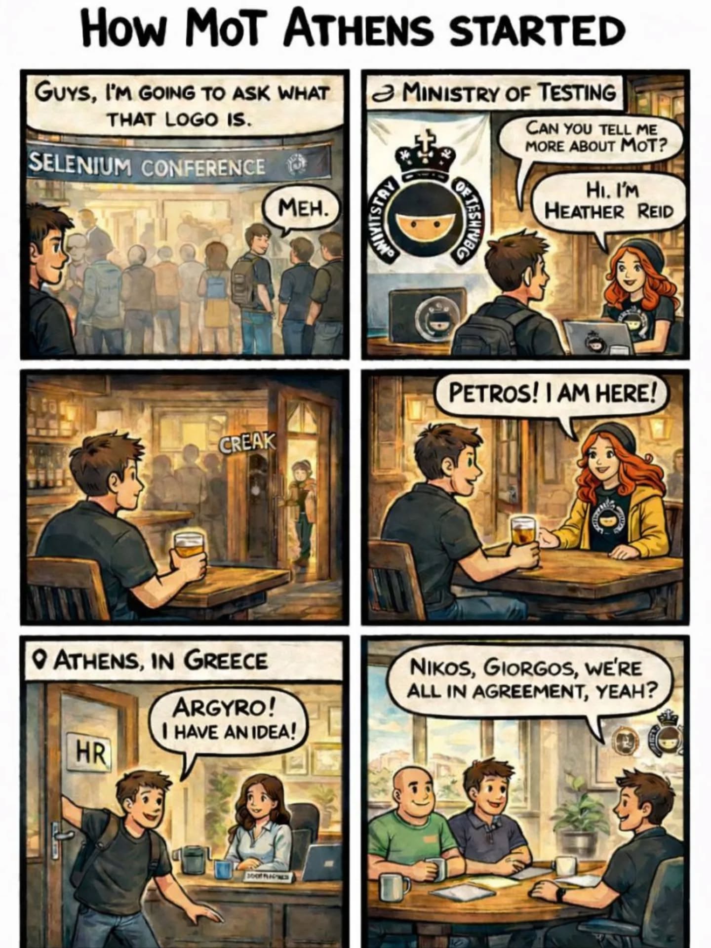 A short comic telling the story of how MoT Athens began, featuring the main members of the Athens lead team.