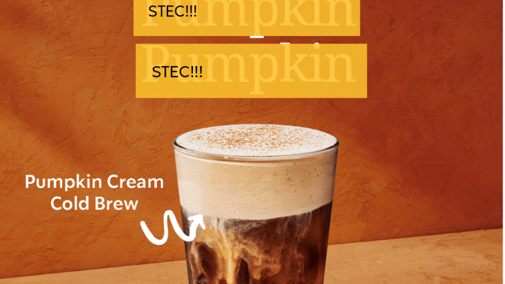 Promotional image with an orange textured background featuring a tall glass of Pumpkin Cream Cold Brew topped with foam and sprinkled spice. A white arrow points to the drink. Text reads 'Pumpkin Cream Cold Brew' and 'real Pumpkin Fall 2025' with a photo of pumpkins in a small box at the bottom left. Repeated yellow banners with the word 'Pumpkin' and the phrase 'STEC!!!' appear above the drink."