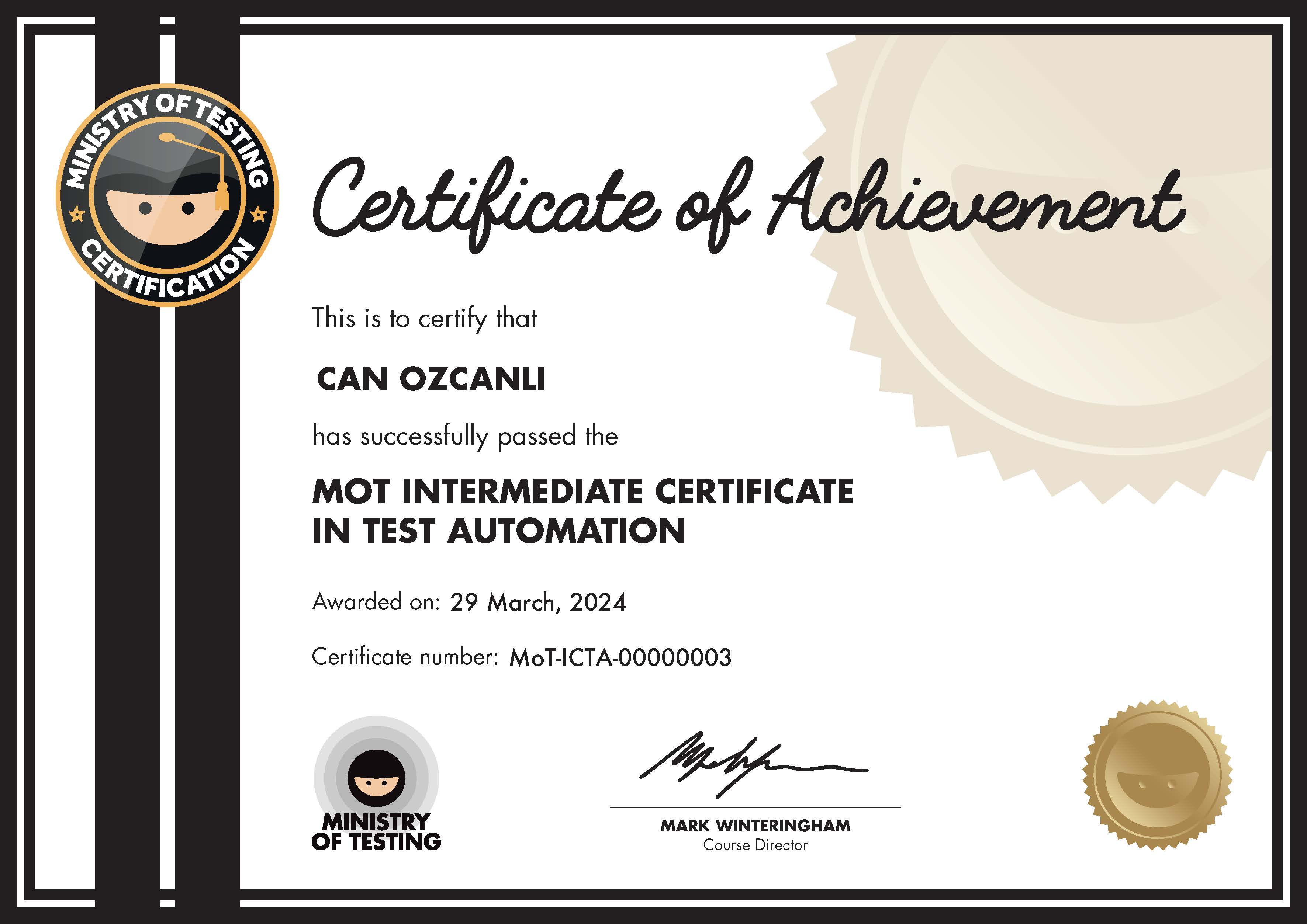MoT Intermediate Certificate in Test Automation certificate awarded to Can Ozcanli image