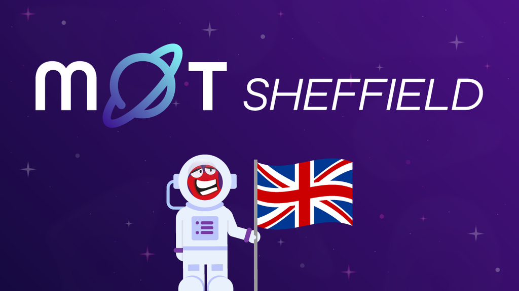 An event banner for "MoT Sheffield" set against a purple, star-speckled space background. At the top left, the text "... image
