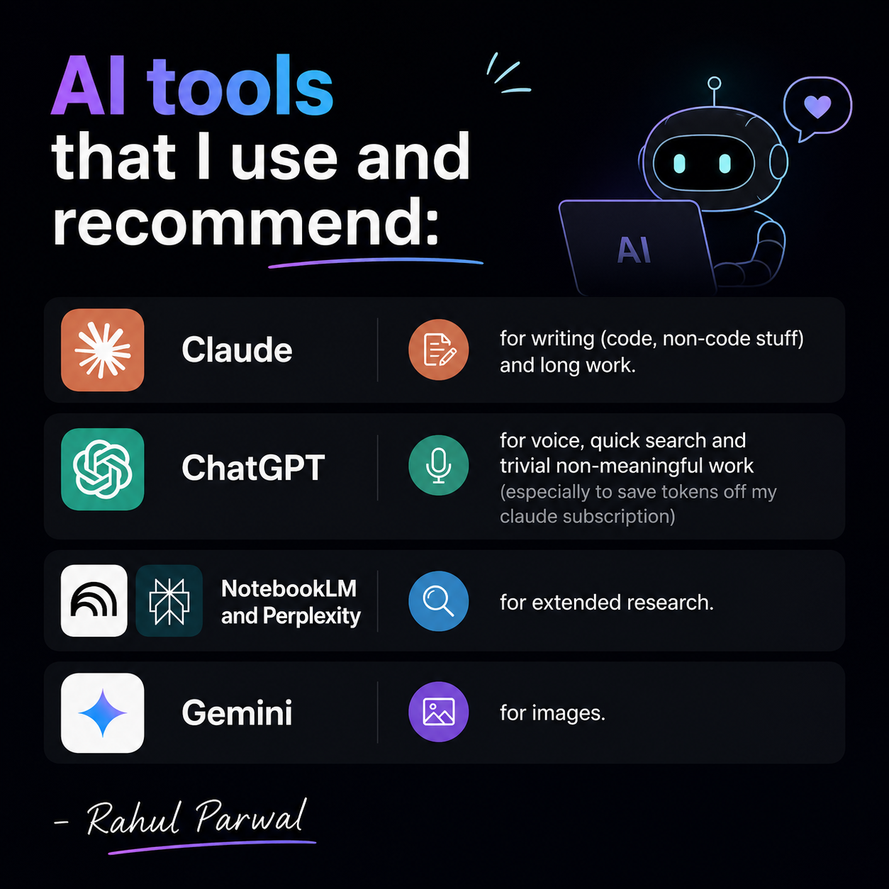 You don’t have to pick one AI tool. There is no #1 AI tool.

AI tools that I use and recommend:

* Claude for wri... image
