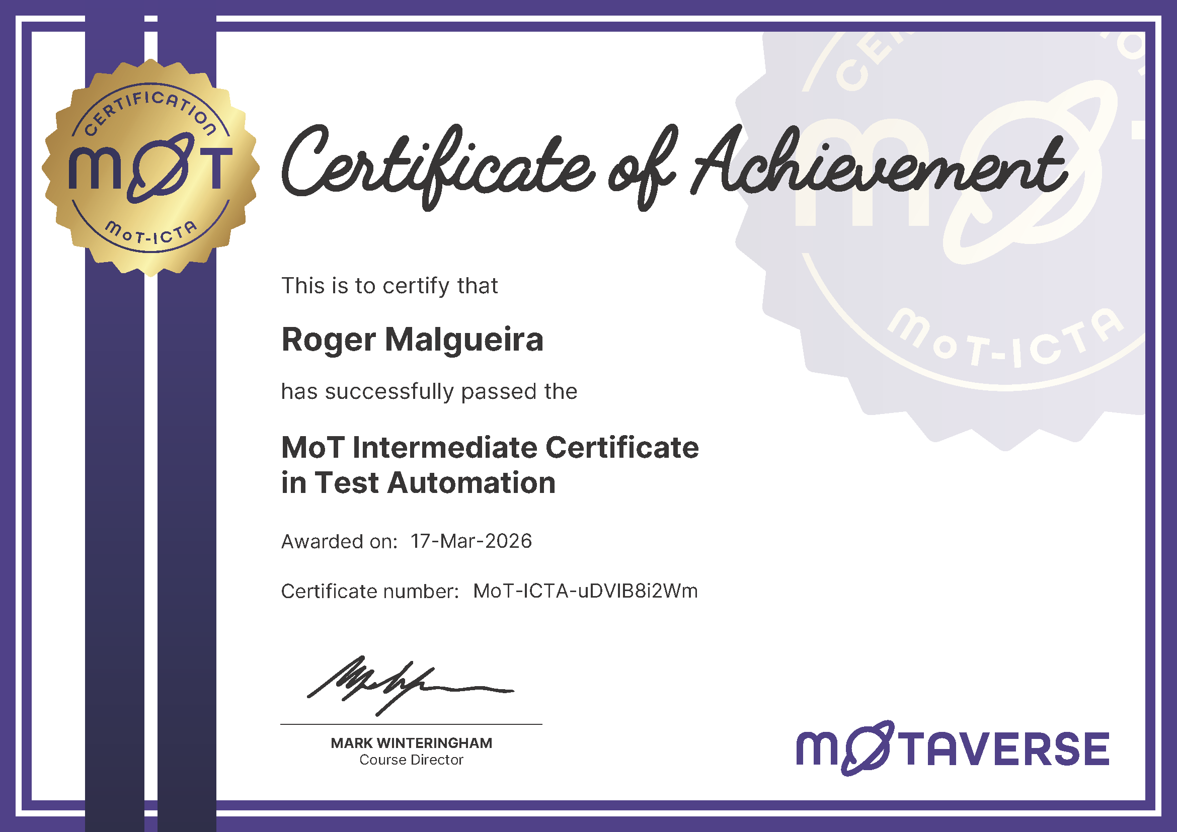MoT Intermediate Certificate in Test Automation certificate awarded to Roger Malgueira image