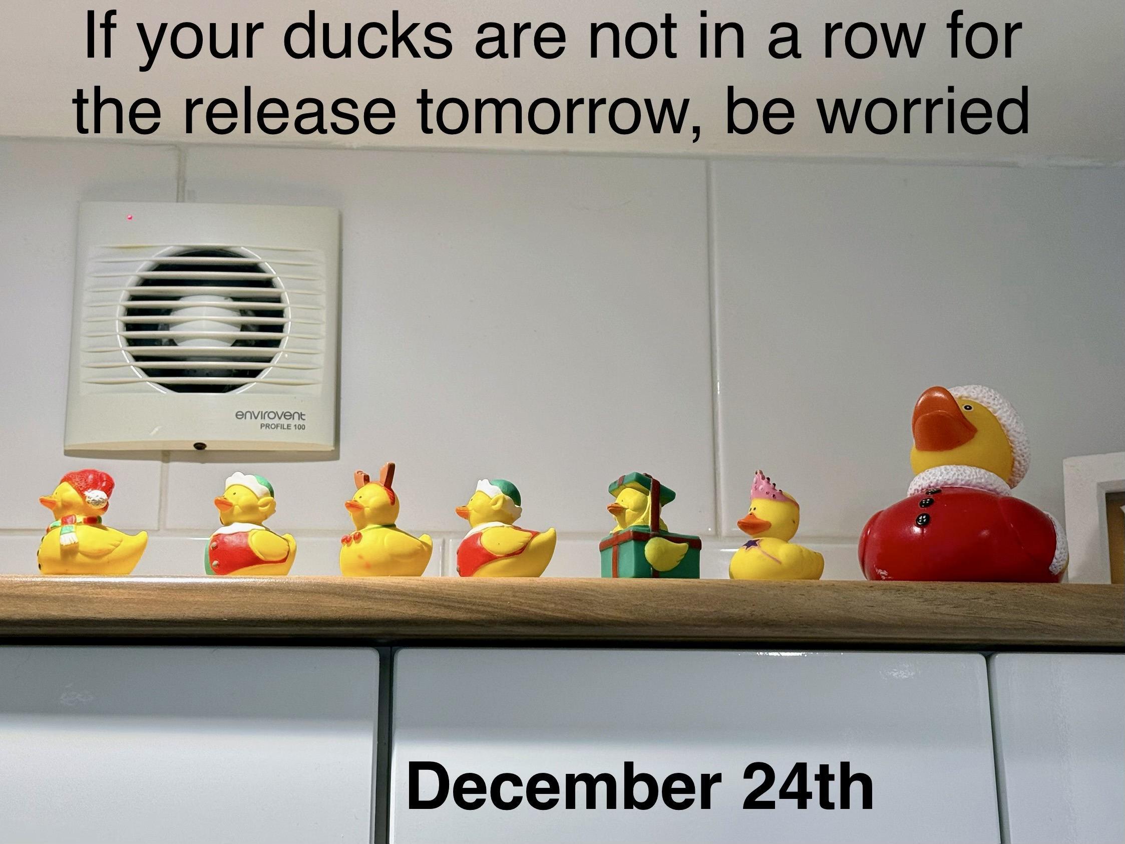 A row of Christmas themed rubber ducks sit in a row on top of cupboards. There is a large Santa duck as well as presents, reindeer antlers, and Christmas hats. Text says, 24th December. If your ducks are not in a row for the release tomorrow, be worried. 