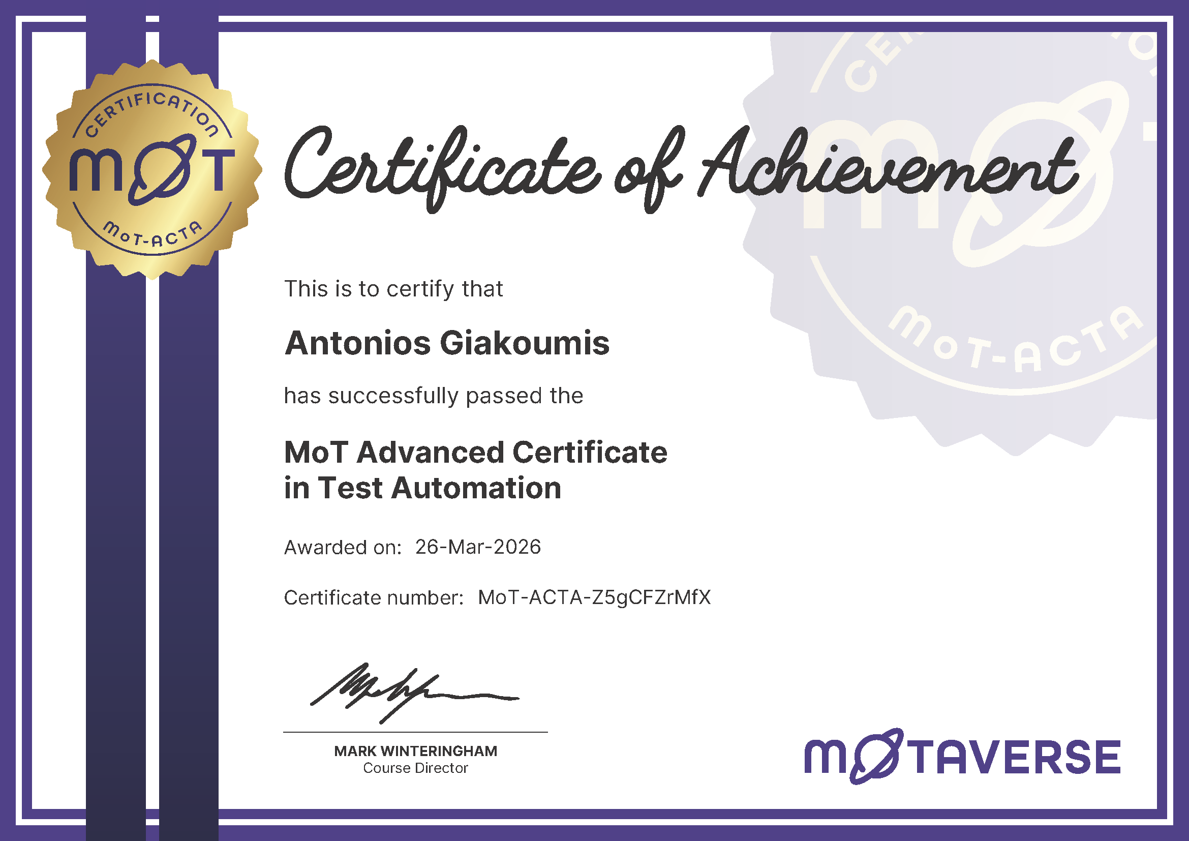 MoT Advanced Certificate in Test Automation certificate awarded to Antonios Giakoumis image
