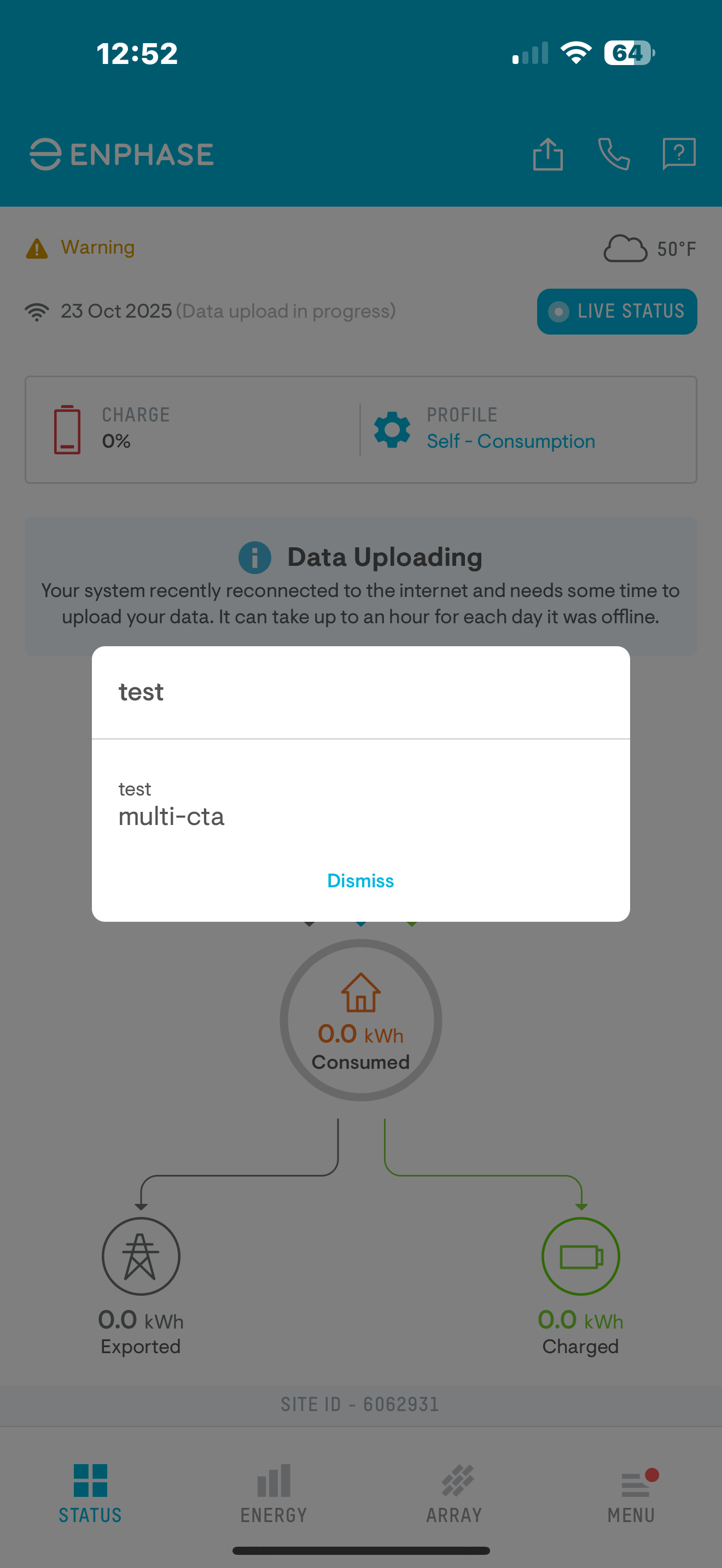 Mobile phone screenshot of an app to monitor solar power generation. Greyed out is the app with battery charge status, a diagram with where the power is coming and going from, and a menu at the bottom. Highlighted in a call to action pop up box with a title of test. The body has test multi-cta. 