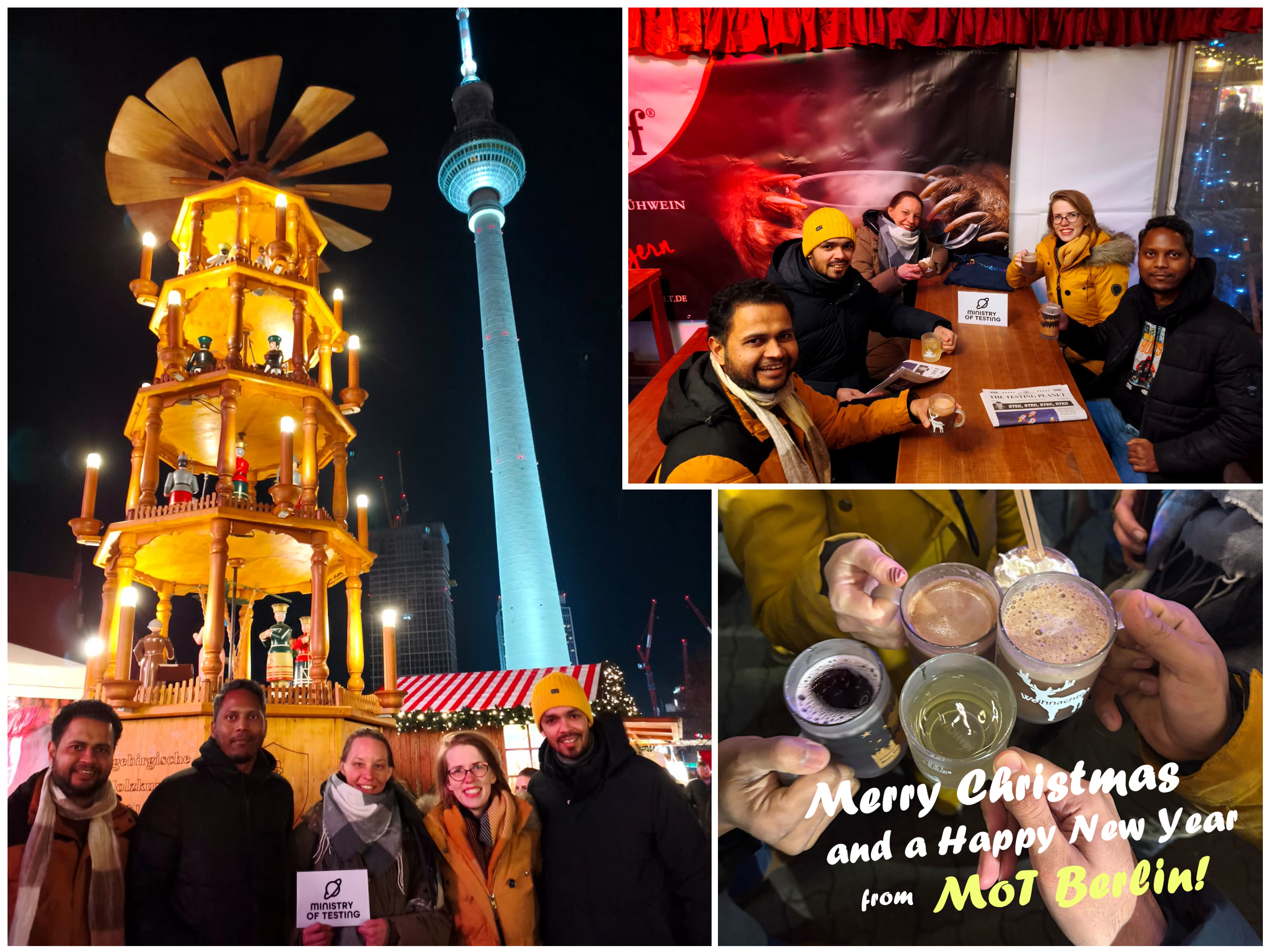 A festive photo collage from a Christmas market in Berlin. On the left, a brightly lit traditional wooden Christmas pyramid stands in front of the illuminated Berlin TV Tower at night, with a small group of smiling people (Mitul, Heramb, Nadja, Christine &amp; Ashutosh) posing at the bottom. On the top right, the same group sits together at a wooden table at a market stall, holding hot drinks and smiling at the camera. On the bottom right, a close-up shows several hands clinking mugs of mulled wine and hot chocolate in a toast. Overlaid text reads: “Merry Christmas and a Happy New Year from MoT Berlin!”