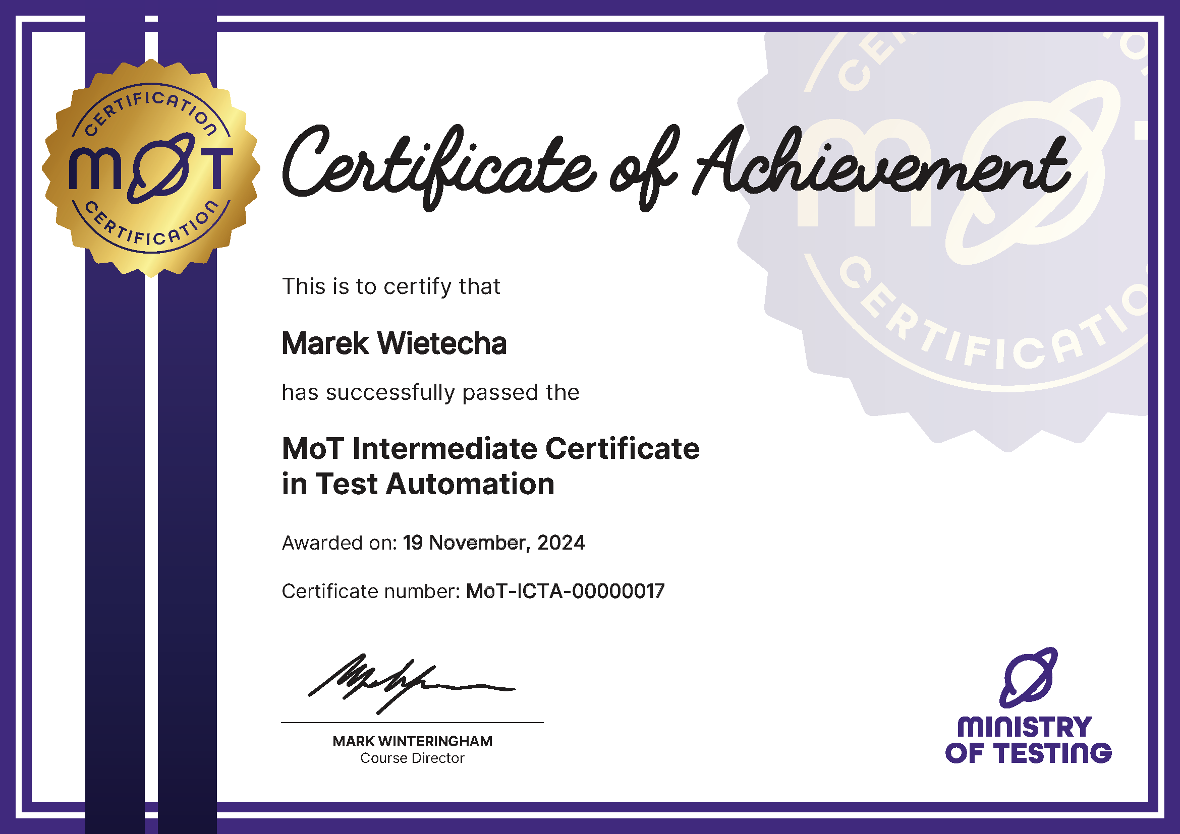 MoT Intermediate Certificate in Test Automation certificate awarded to Marek Wietecha