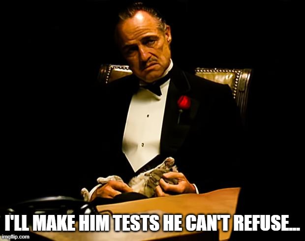 Meme picture of Marlon Brando acting as the Godfather stating "I'll make him tests he can't refuse..."