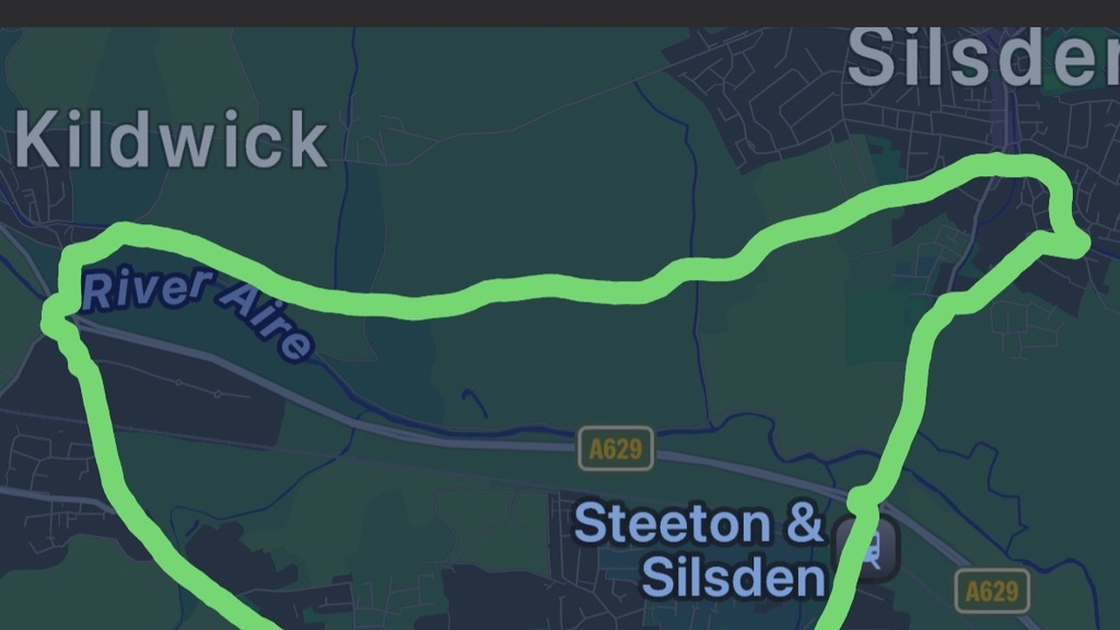 Route map from my home in Steeton, to the village of Silsden, along the canal to Kildwick then back home showing a ci... image