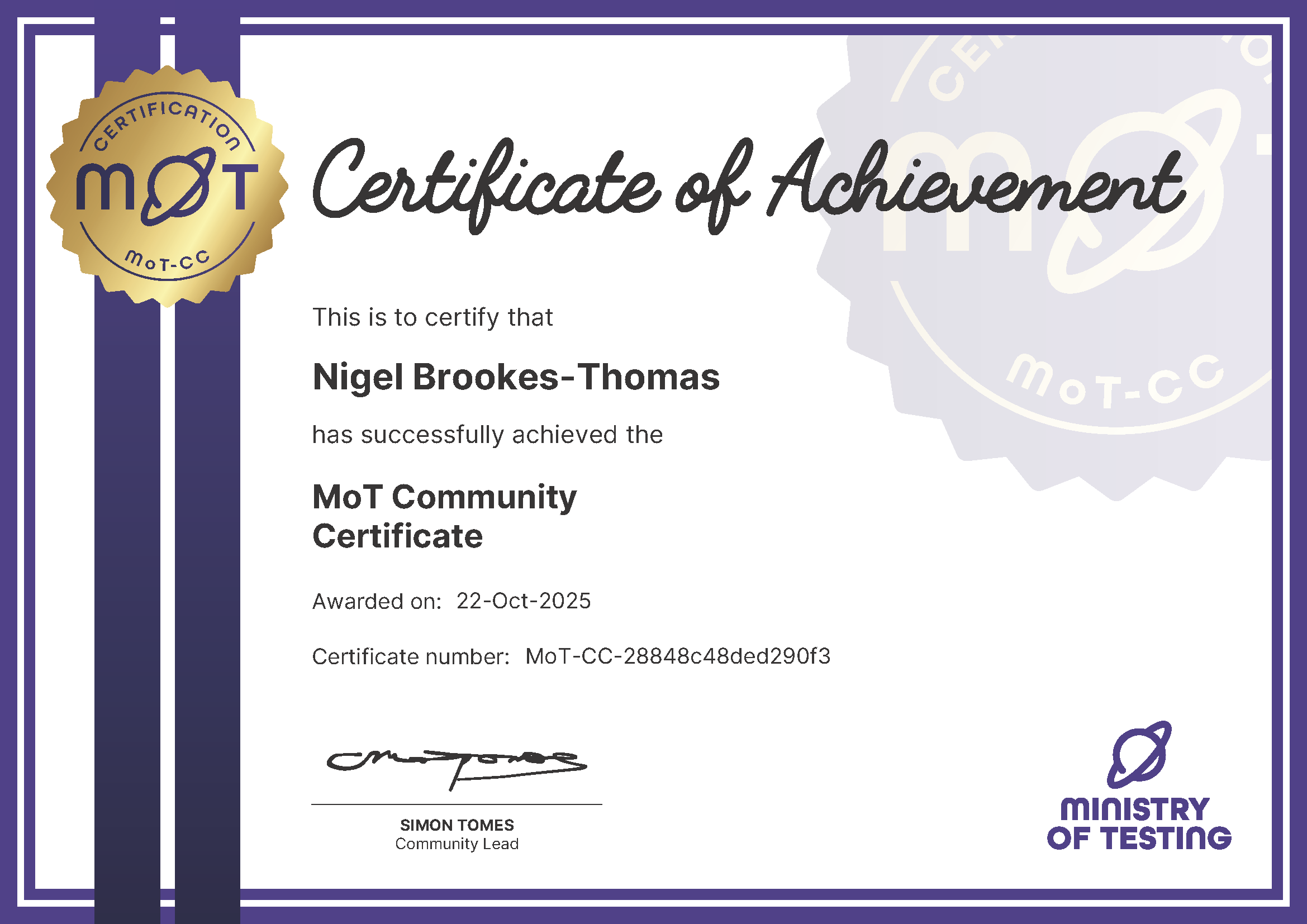 MoT Community Certificate certificate awarded to Nigel Brookes-Thomas