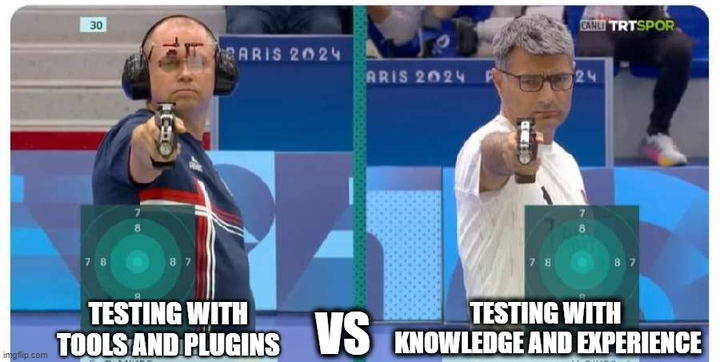 Side-by-side image of two men aiming pistols in a shooting competition. The image is divided in the middle, with the text "TESTING WITH TOOLS AND PLUGINS" on the left side and "TESTING WITH KNOWLEDGE AND EXPERIENCE" on the right side. "VS" is in the centre.