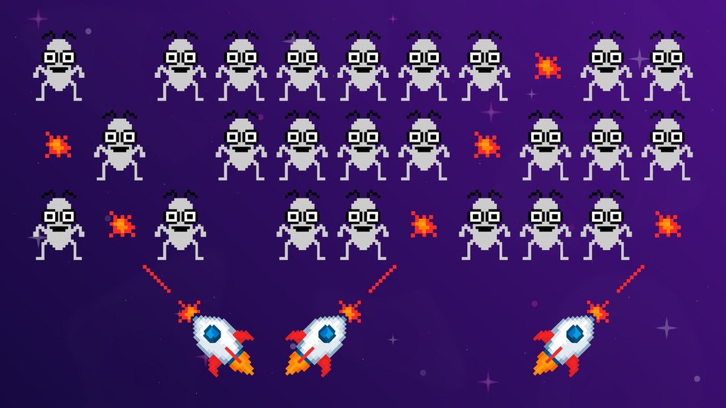  The image shows a pixel art scene with a purple, starry background. There are multiple rows of grey, bugs with large, square black eyes and a small, square mouth, resembling classic arcade game sprites. Some of these bugs have orange, star-shaped explosions near them, suggesting they've been hit.  At the bottom of the image, there are three pixel art rockets, predominantly white and red, firing upward with orange and red flames from their engines. Red pixelated lines extend from the rockets towards some of the bugs, indicating projectiles or laser fire. The overall impression is reminiscent of a retro space shooter video game.