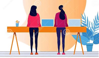 Cartoon with two women standing at a desk with two monitors, working together