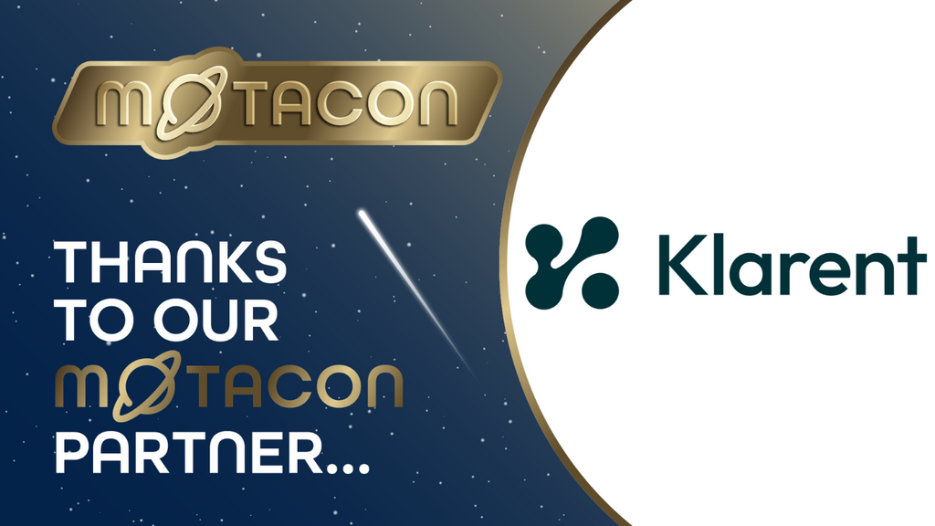 A dark blue space background filled with stars. On the left, a metallic gold MoTaCon logo sits at the top, above the ... image