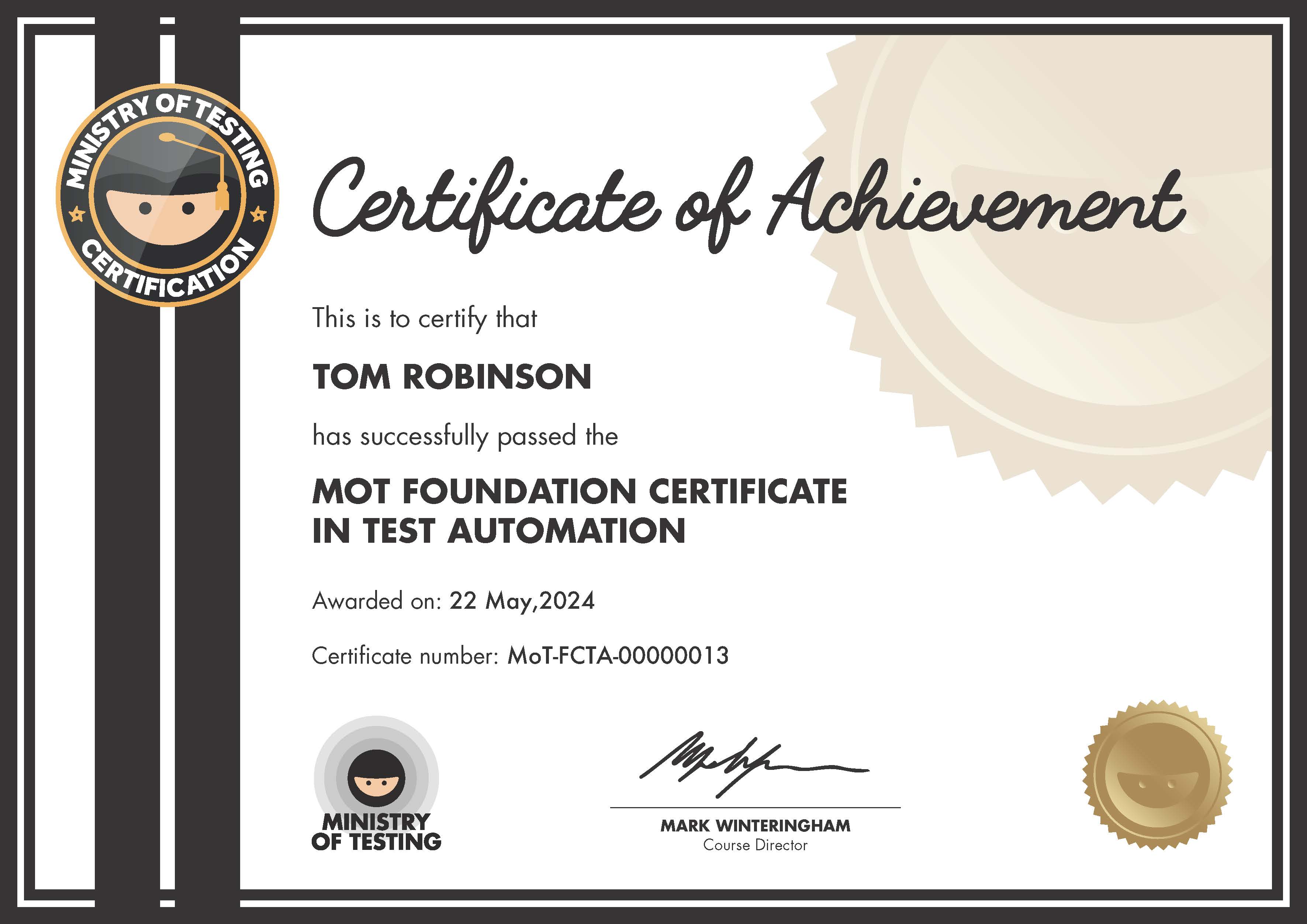 MoT Foundation Certificate in Test Automation certificate awarded to Tom Robinson image