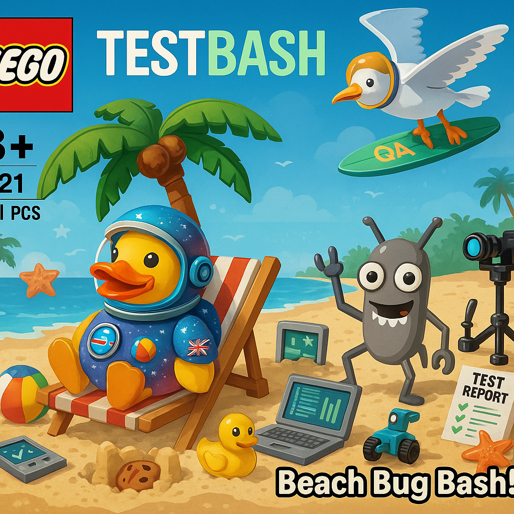 A colorful LEGO-style toy box design titled "TestBash: Beach Bug Bash!" featuring three cartoon mascots — SpaceDuck in a galaxy-themed spacesuit, SpaceSeagull wearing a space helmet while flying, and a smiling Bug character with big eyes and waving arms. The scene is set on a vibrant beach with palm trees, a laptop, and scattered test tools. The LEGO logo is NOT fully visible in the top-left corner. The box resembles authentic LEGO packaging, combining space and software testing themes with playful, summery visuals.