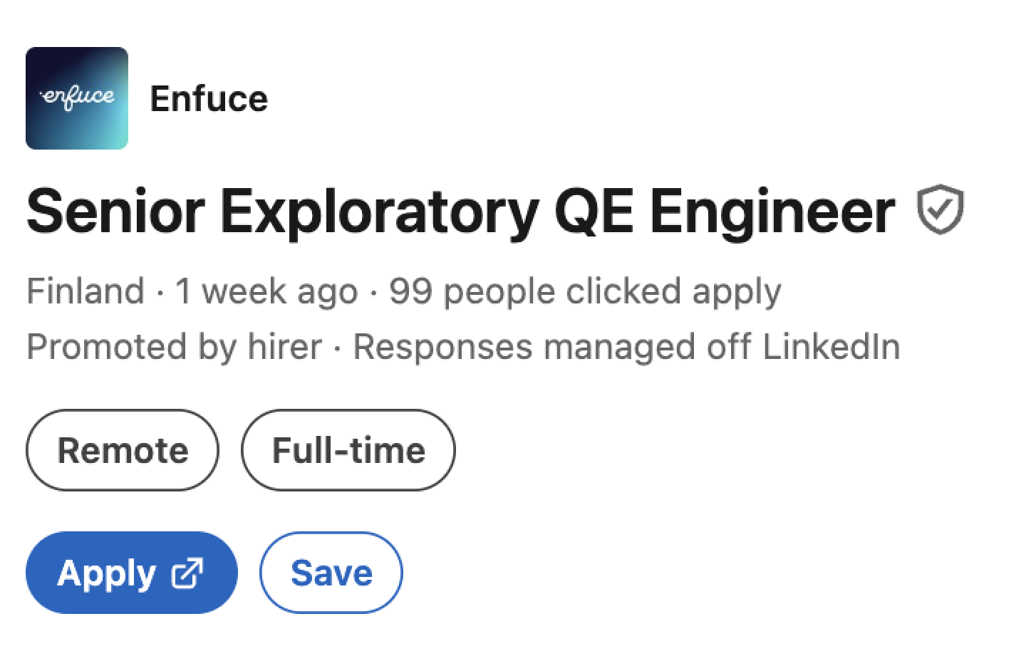 Screenshot of Senior Exploratory QE Engineer on LinkedIn. image