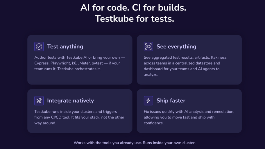 AI for code. CI for builds. Testkube for tests. image