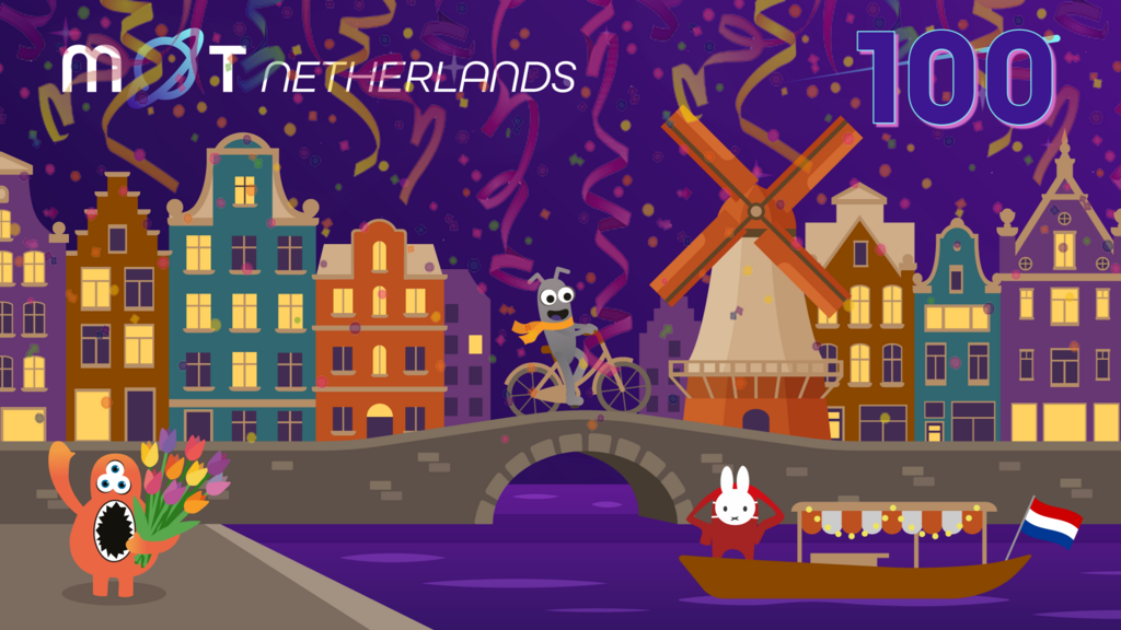 The MoT-NL Chapter main image with the number 100 and confetti added, celebrating the 99+1 members in the Dutch Chapter. image
