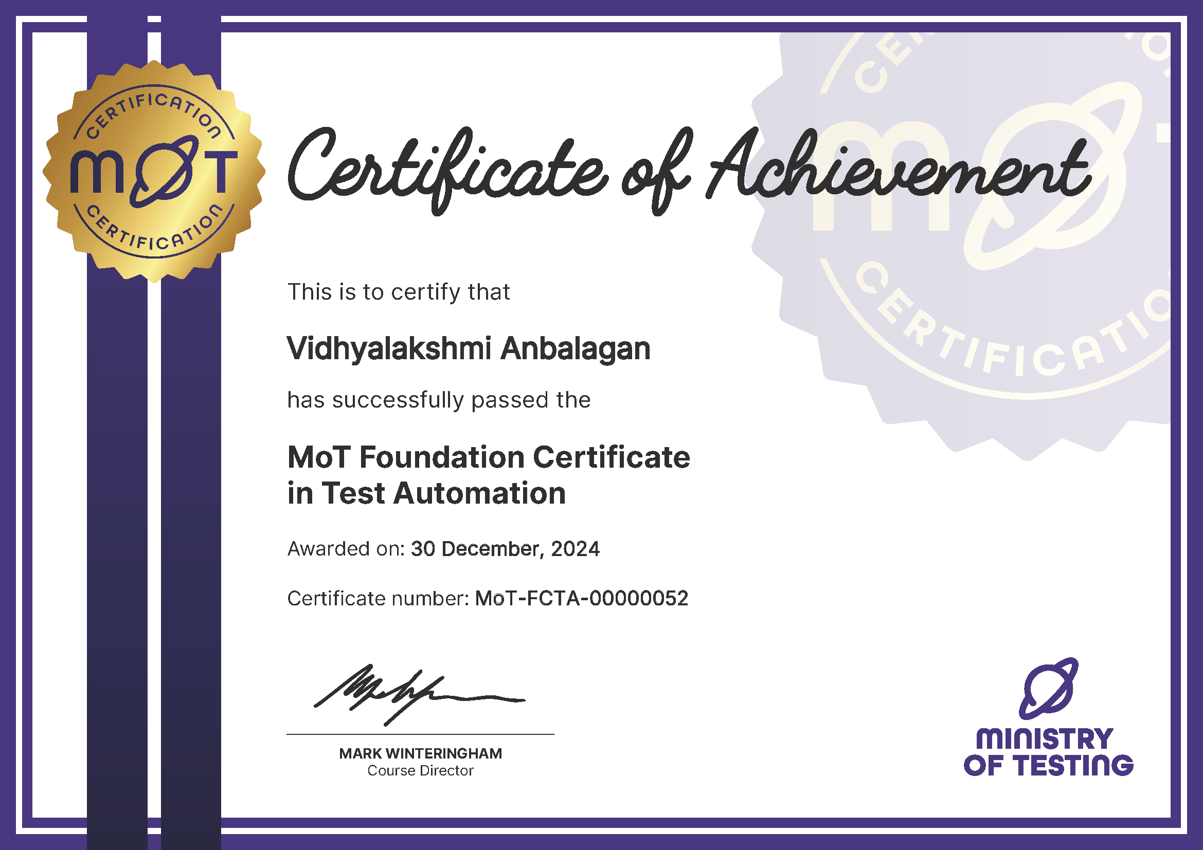 MoT Foundation Certificate in Test Automation certificate awarded to Vidhyalakshmi Anbalagan