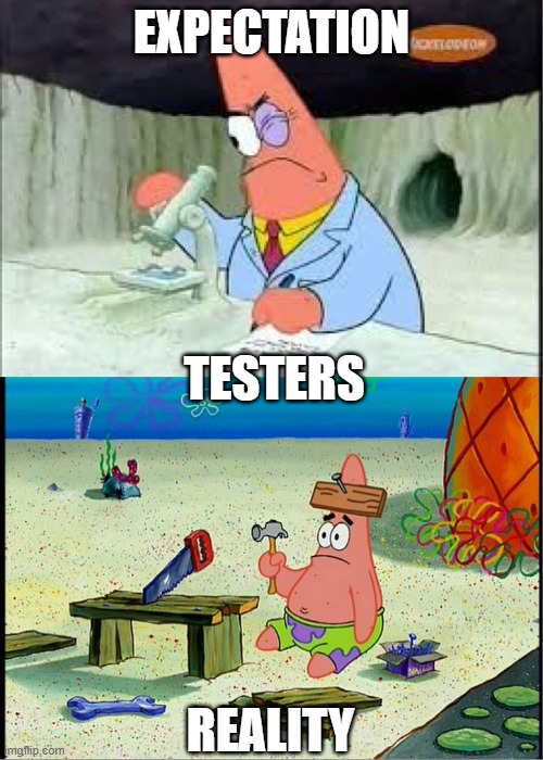 A meme featuring two images of Patrick Star from SpongeBob SquarePants. The top image shows Patrick in a lab coat and glasses using lab equipment, captioned "EXPECTATION." The bottom image shows Patrick sitting clumsily at a workbench with tools, captioned "REALITY." Middle text reads "TESTERS.