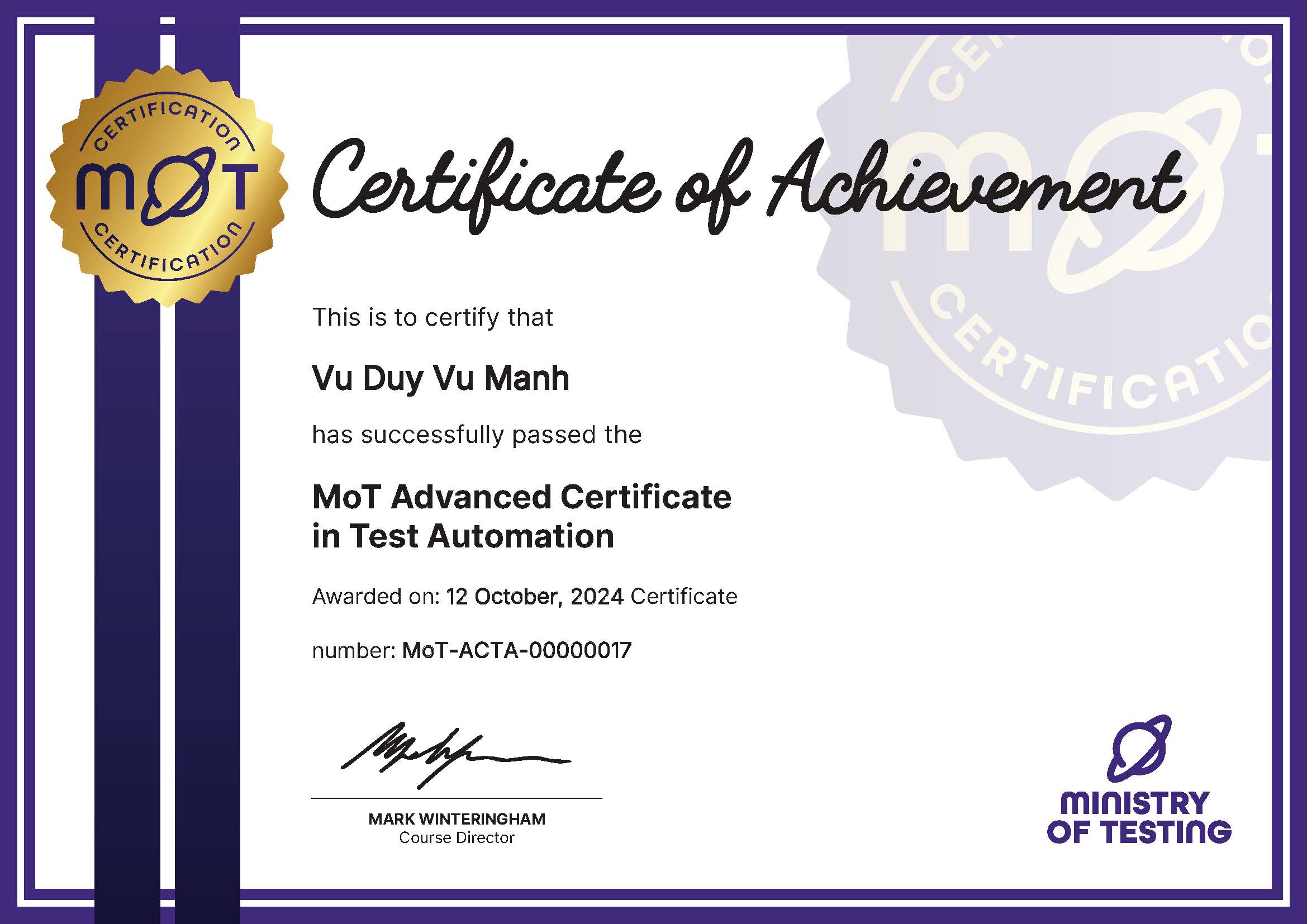 MoT Advanced Certificate in Test Automation certificate awarded to Vu Duy Vu Manh