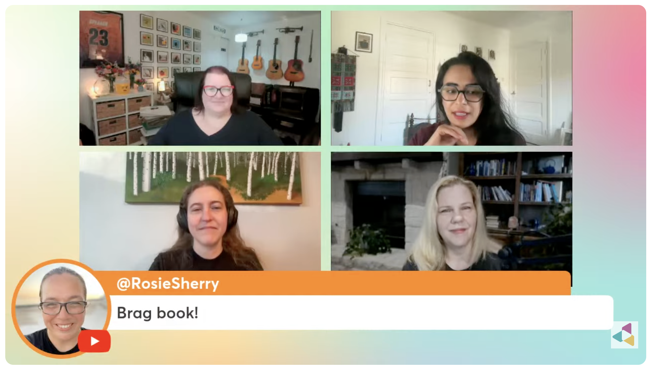A screenshot of a virtual sessions with varying speakers with Rosie Sherry being quoted saying 'brag book'.