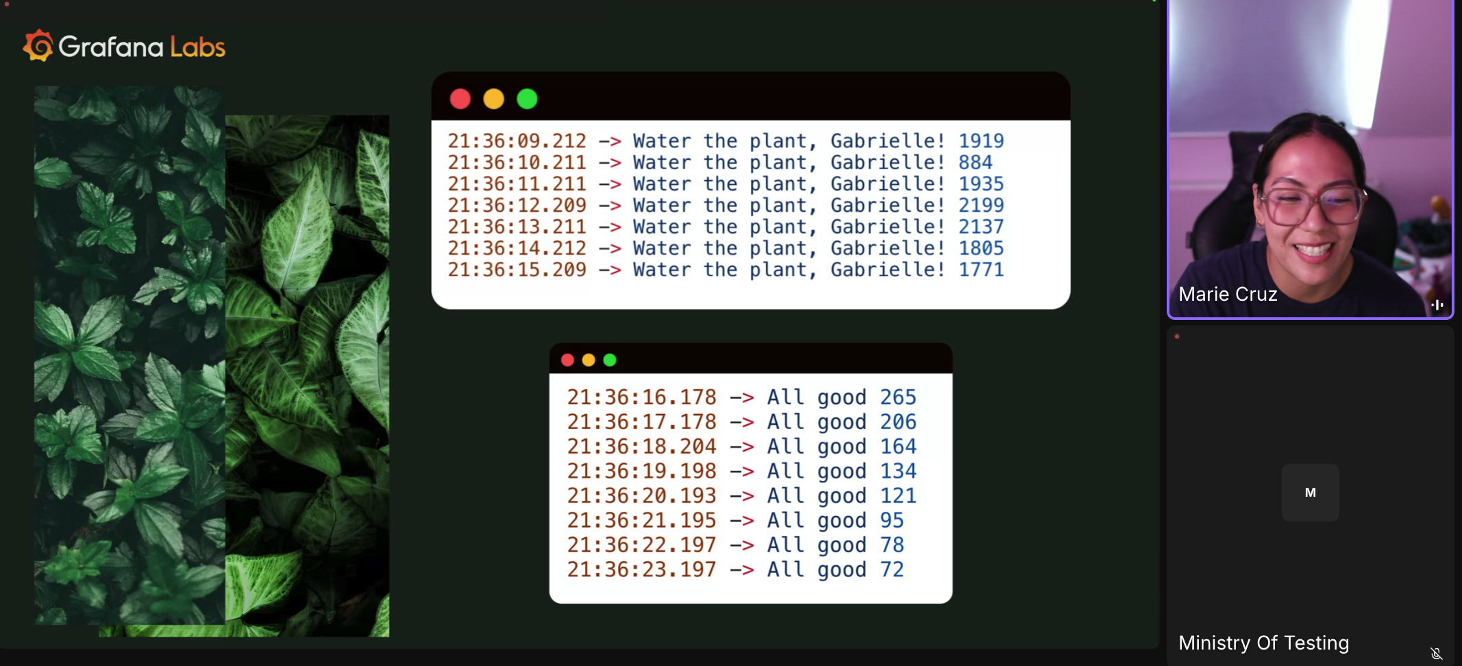 Slide from Marie Cruz’s talk showing a console output of soil moisture readings. When the soil is dry, the message says “Water the plant, Gabrielle!” and when the moisture level is sufficient, it says “All good” followed by a numeric value. Marie is visible smiling on the recording call.
